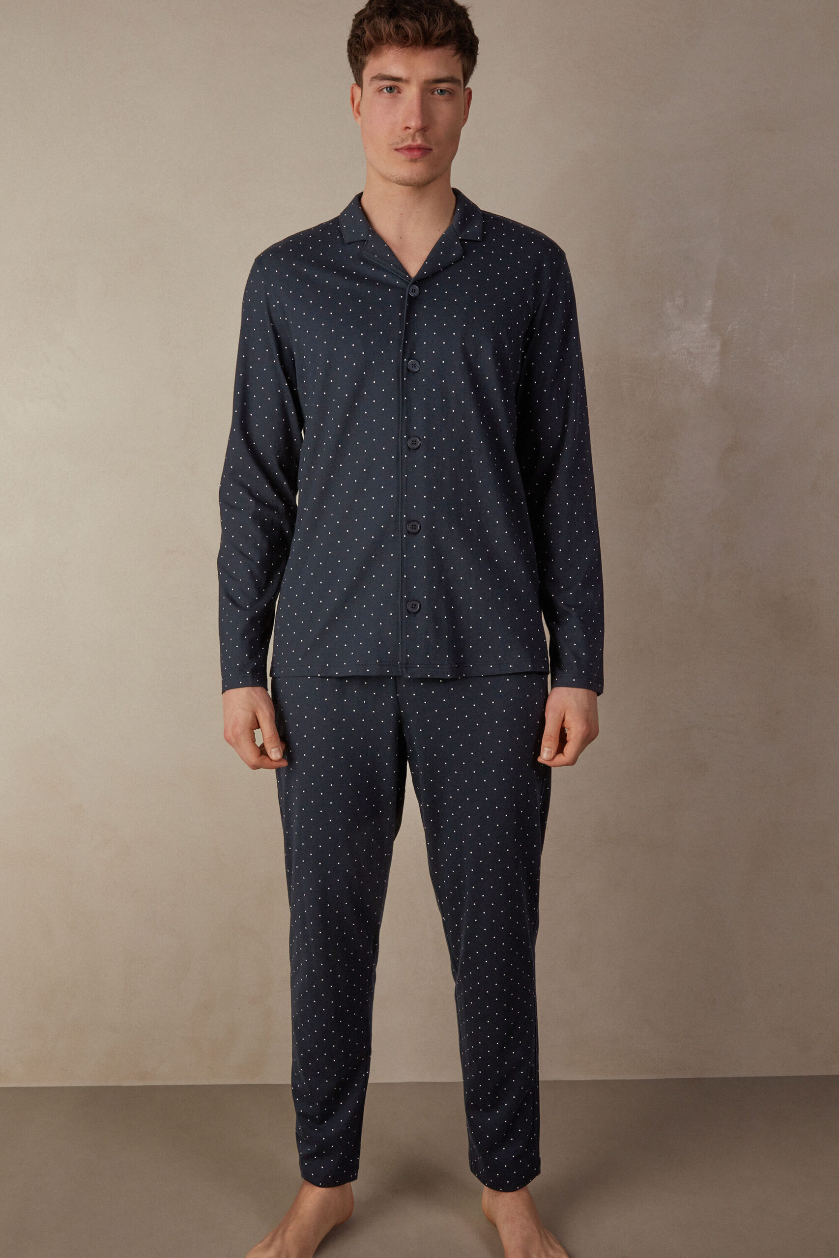 Long open pajamas with polka dot print made of cotton
